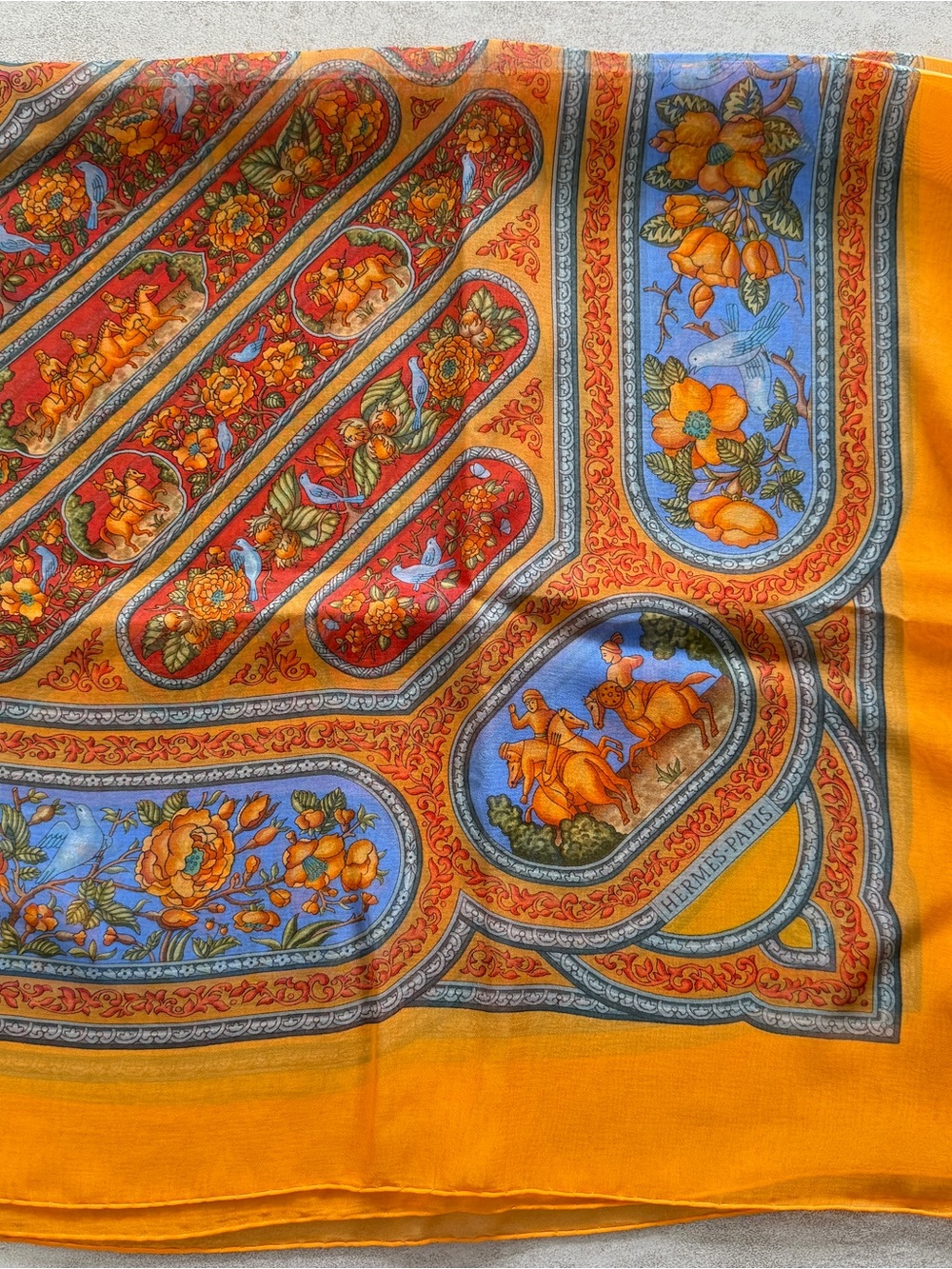 Hermes Orange and Blue Equestrian Floral Silk Scarf Panel